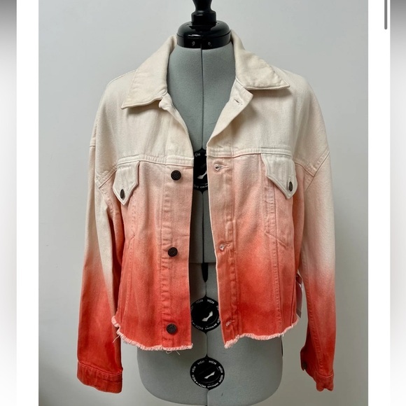 NWT Etica Sz S Elena Crop Jacket High Tide Coral Raw Trucker Jean Jacket - Picture 2 of 11